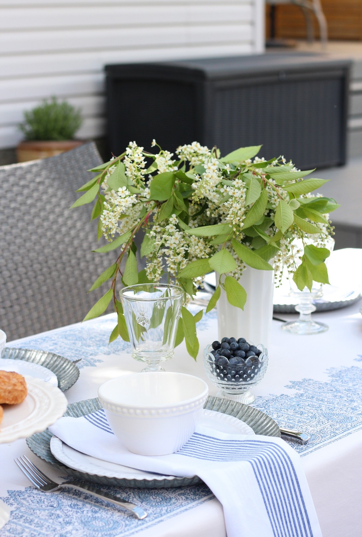 This casual outdoor brunch table setting is all about easy summer hosting. Timeless blue and white tableware, layered textures, fresh seasonal blooms, and simple styling that feels relaxed. The bee wine glasses add a charming touch, while the blue striped napkins keep everything fresh and classic. Added a milk glass base for a bit of nostalgia. Perfect for al fresco all season long!

#LTKhome #LTKsummer