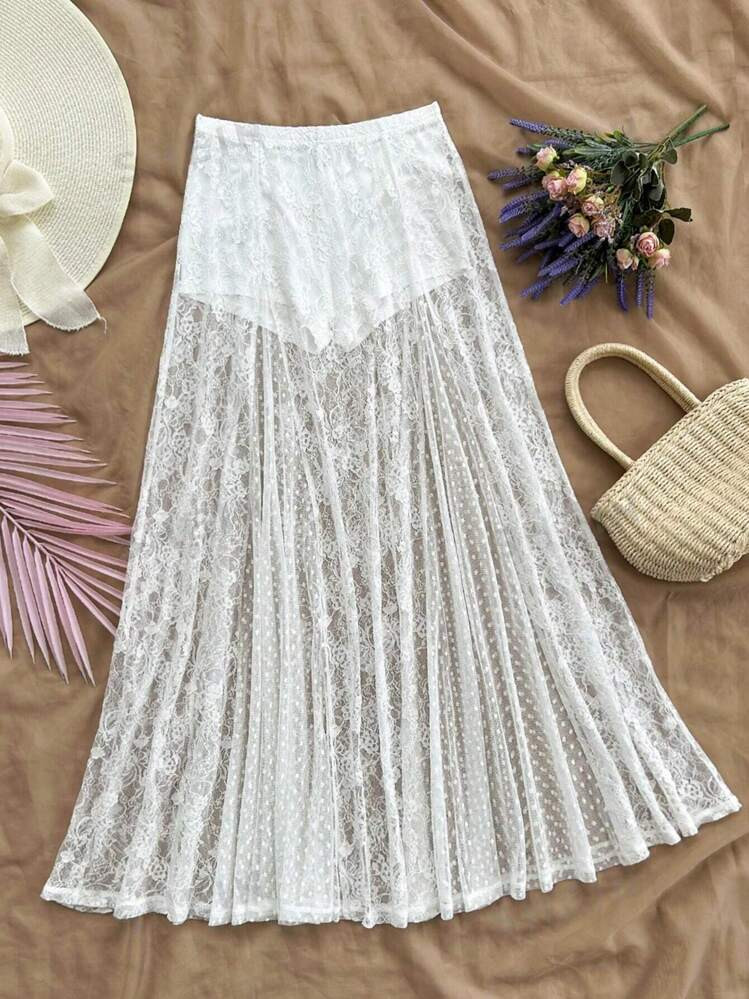 SHEIN WYWH Women's Vacation Style Bohemian White Lace & Mesh Polka Dot Contrast Loose A-Line Skir... | SHEIN