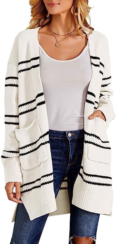 Women Fleece Cardigan Striped Boyfriend Sweaters Long Sleeve Open Front Loose Knit with Pockets | Amazon (US)