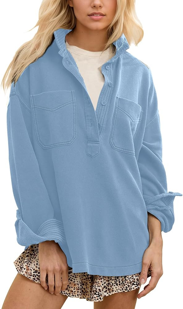 Locachy Women's Casual Oversized Polo Neck Sweatshirt Lapel Long Sleeve Button Pullover Tops Fash... | Amazon (US)