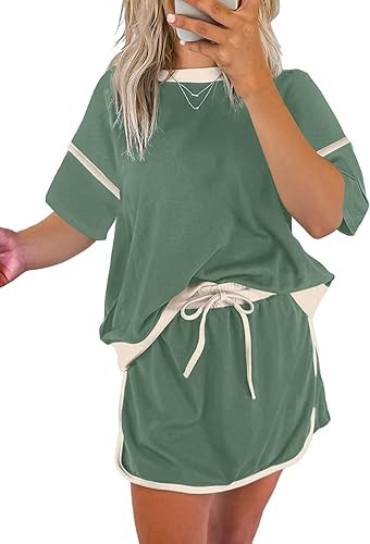 EVALESS Women's 2 Piece Sets Summer Casual Short Sleeve Tops Matching Drawstring Mini Skirt Going... | Amazon (US)