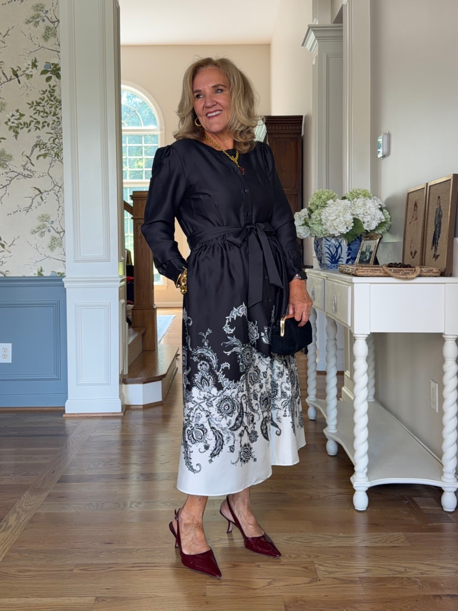 New Talbot dress wearing a size 8 regular. It did give me a little extra room in the waist, but I would not want the petite because I like this length and a six would’ve been too snug in the chest. I am normally a six regular or an eight petite so this would be a size up situation.
Fabric is a mix between a satin and a Taffeta. It is really lovely.
Size up in the sling backs I go up a half size

#LTKOver40 #LTKWedding #LTKWorkwear