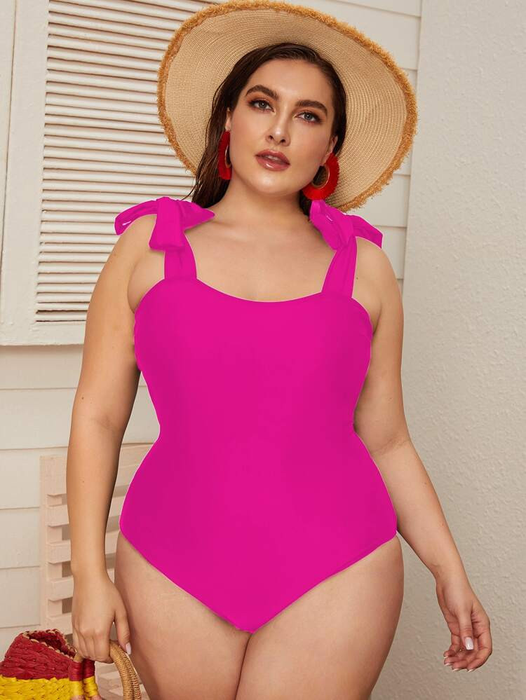 Plus Plain Tie Shoulder One Piece Swimsuit | SHEIN