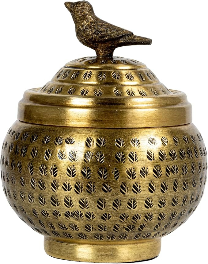 Round Hammered Metal Container with Bird Finial, Brass Finish | Amazon (US)