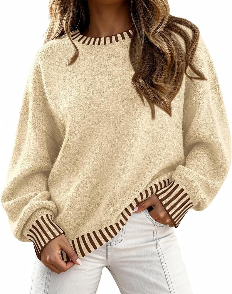 KIRUNDO Oversized Sweaters for Women 2026 Long Sleeve Crewneck Fall Tops Contrast Chunky Knit Pul... | Amazon (US)