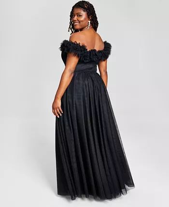 Trendy Plus Size Tulle-Trim Off-The-Shoulder Gown | Macys (US)