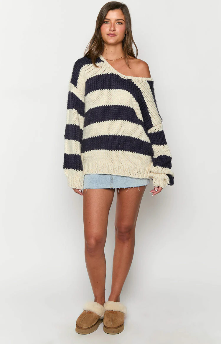 Delvey Navy Striped Chunky Knit Sweater | Beginning Boutique (US)
