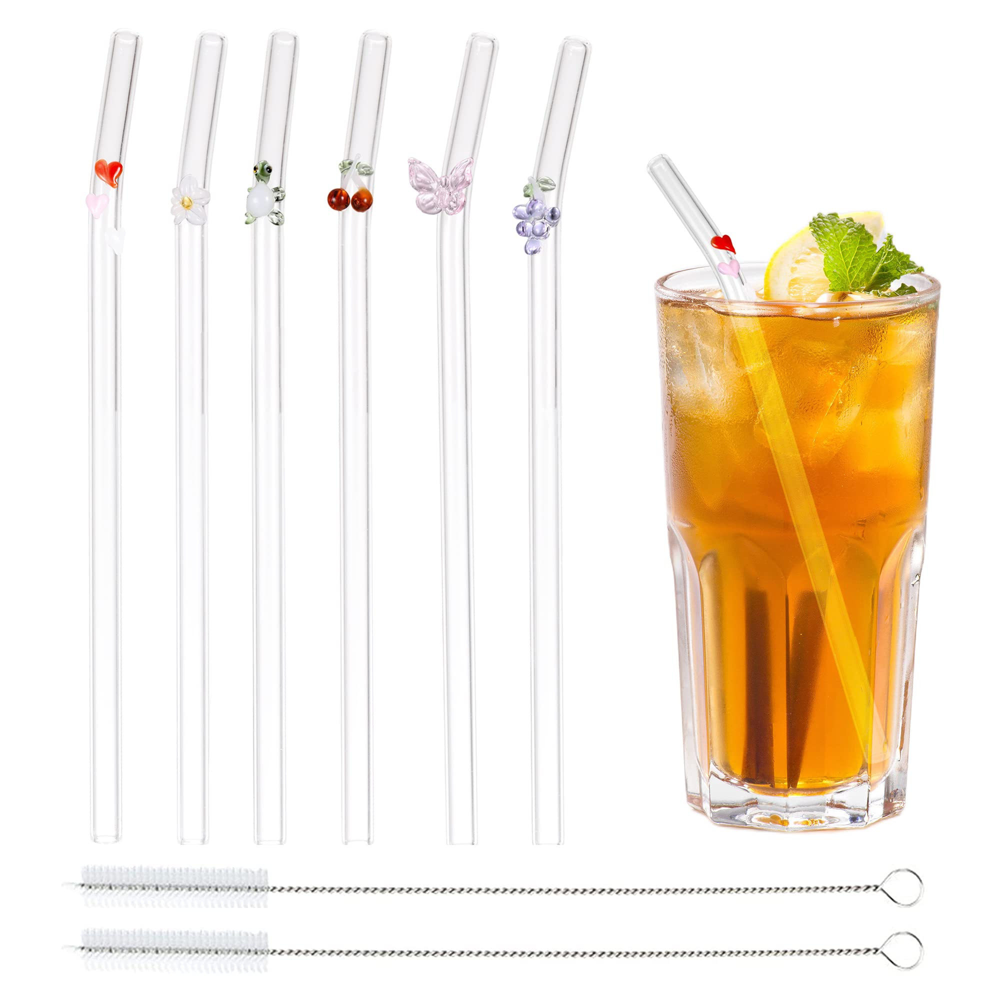 6 PCS Glass Straws Reusable Bent Straws with Design, Coffee Straw Glass with 2 Cleaning Brushes, ... | Amazon (UK)