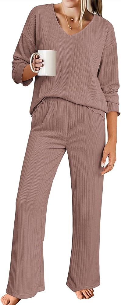 Womens Ribbed Knit Pajamas Set V Neck Long Sleeve Pj Set Matching Outfits Top and Pant Loungewear... | Amazon (US)