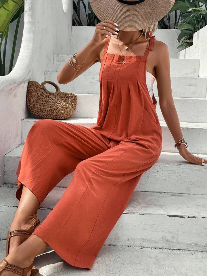 SHEIN LUNE Tie Shoulder Hidden Pocket Plicated Detail Overall Jumpsuit Without Tube Top | SHEIN