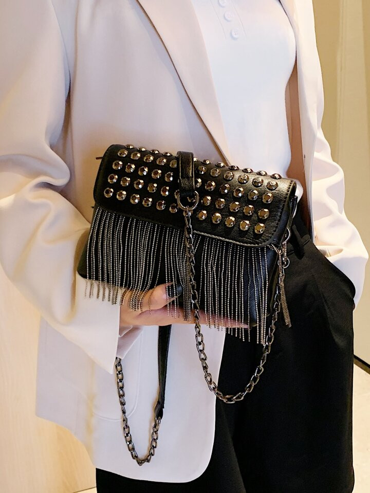 Studded & Fringe Decor Flap Square Bag | SHEIN