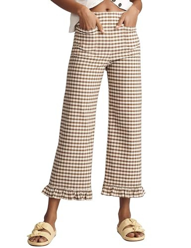 ACCPUR Women's Plaid Flare Pants Summer Casual Gingham Elastic Waist Ruffle Cropped Hem Y2K Loose Fit Trousers with Pockets Coffee | Amazon (US)