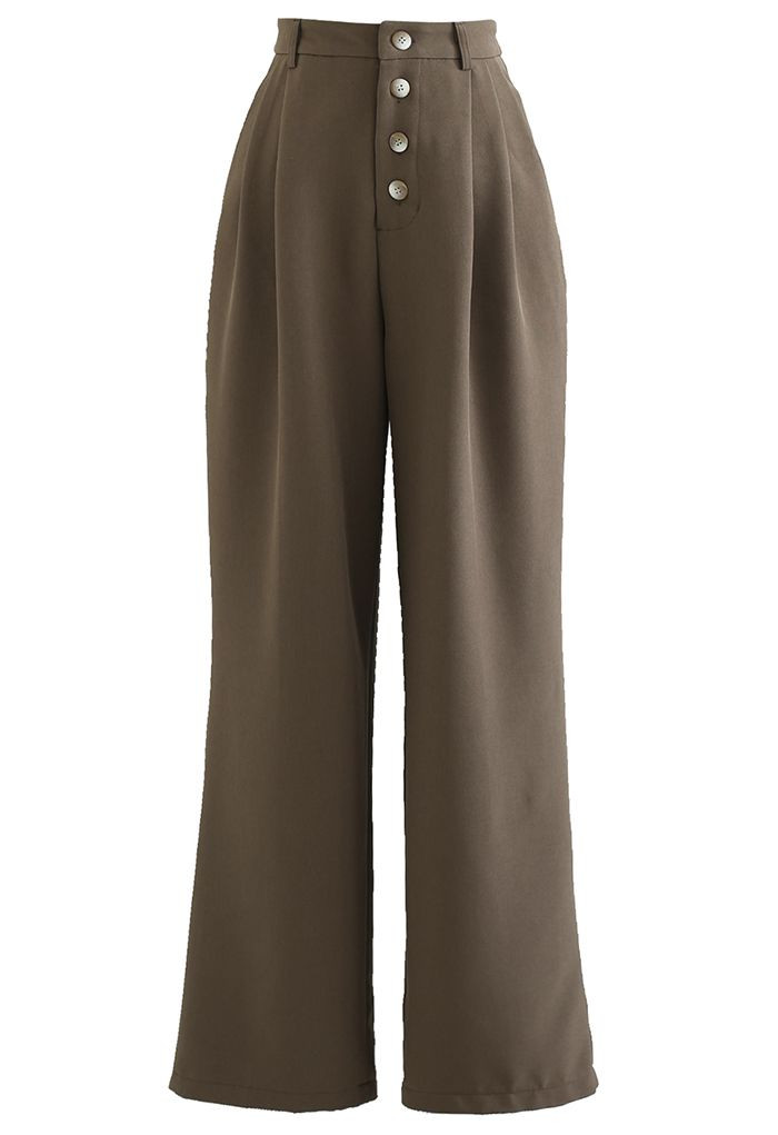 Buttons Closure Straight-Leg Pants in Brown | Chicwish