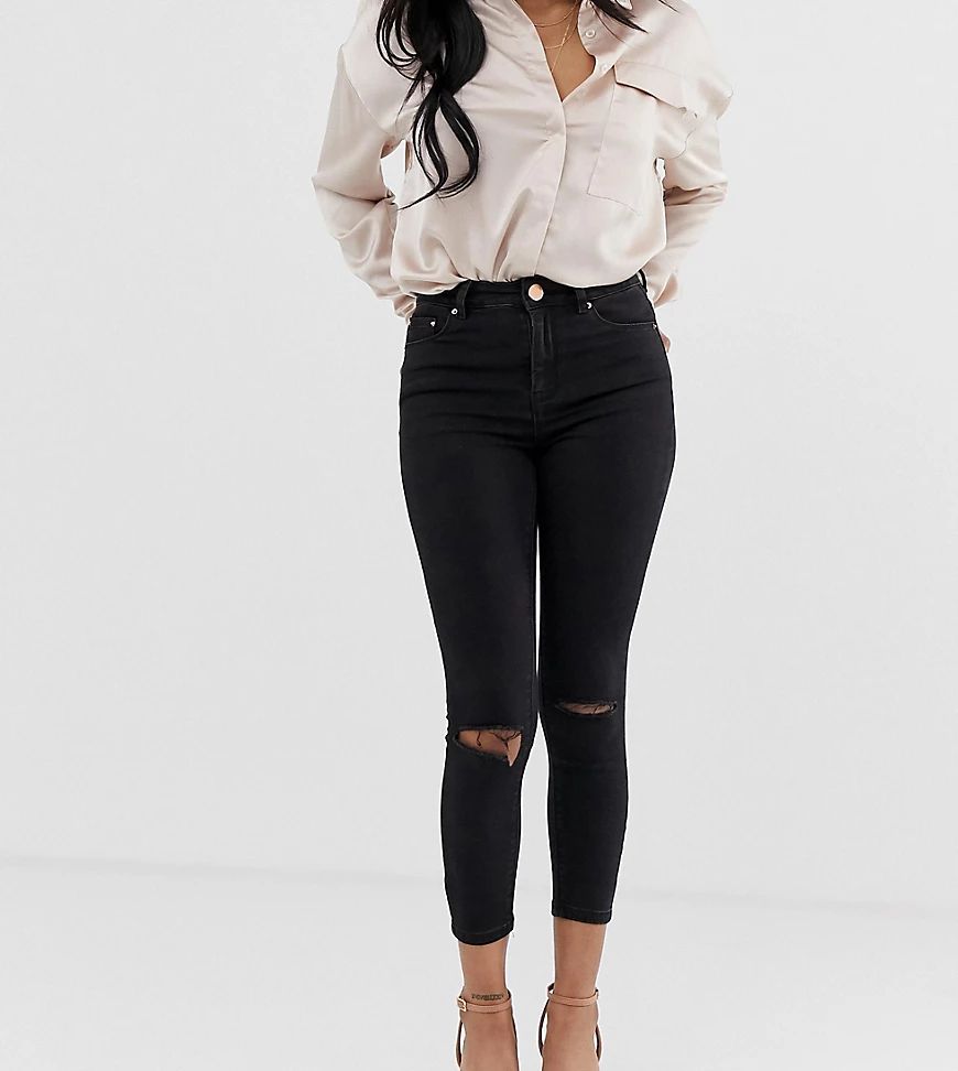 ASOS DESIGN Petite Ridley high waisted skinny jeans in clean black with ripped knees | ASOS (Global)