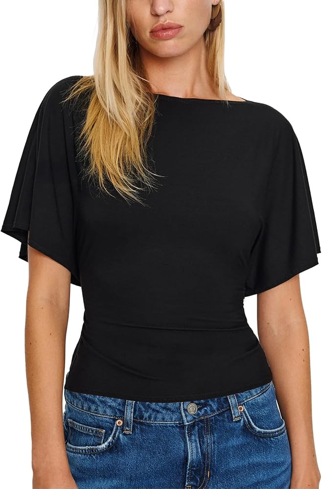 SeeLuNa Women Cinched Waist Shirts Stretchy Dolman Sleeve Boat Neck Knit Top Trendy Streetwear Ou... | Amazon (US)