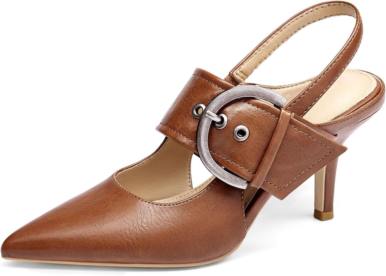 Coutgo Womens Slingback Pumps Closed Pointed Toe High Heels Belt Buckle Strap Dressy Work Shoes | Amazon (US)