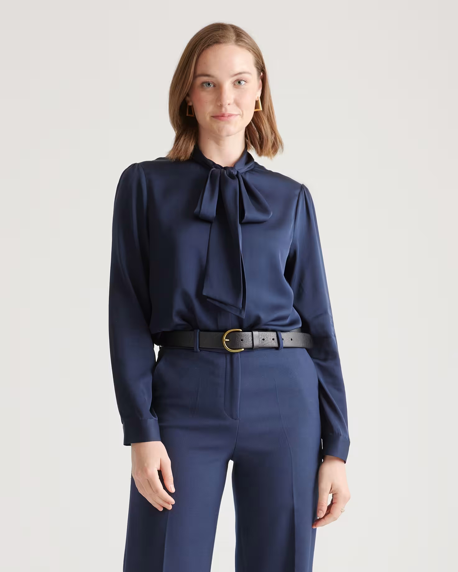 Washable Stretch Silk Tie Neck Blouse  in Navy | Quince