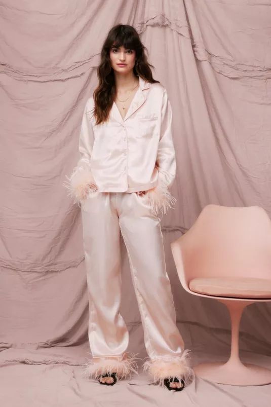 Satin Feather Pajama Shirt and Pants Set | Nasty Gal (US)