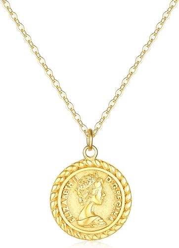 MEVECCO Carved Gold Coin Pendant Necklace for Women Girls Men,18K Gold Plated Dainty Minimalist N... | Amazon (US)