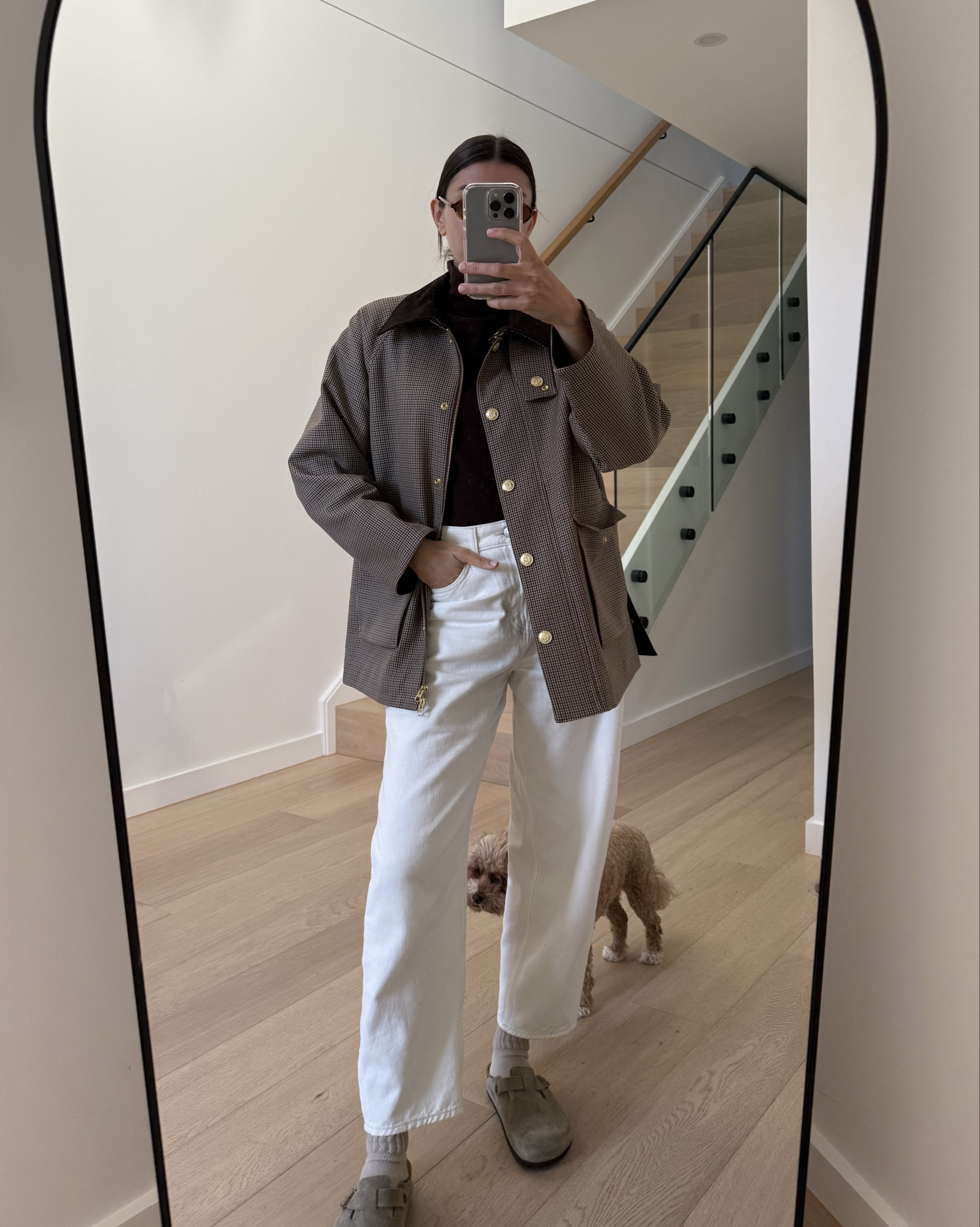 A casual winter outfit featuring white barrel leg jeans, a chocolate wool turtleneck and a brown barn jacket. Paired down with classic Birkenstock Bostons x 

#LTKaustralia #LTKshoes #LTKwinter