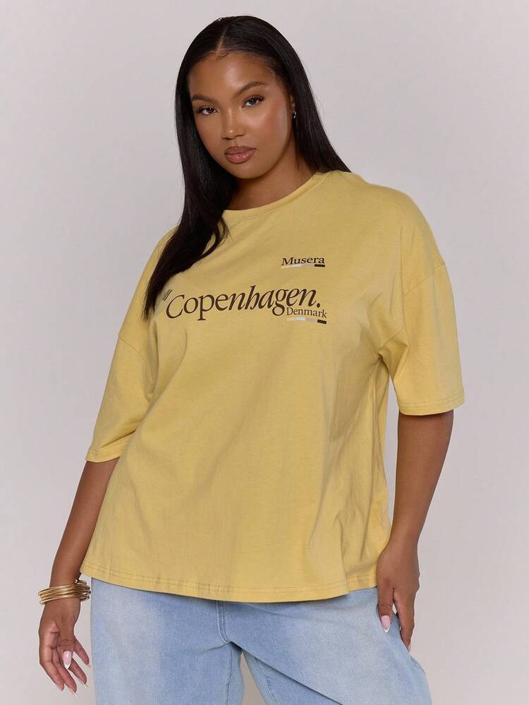 MUSERA Plus Oversized Graphic Slogan T-Shirt Fall Autumn Winter Everyday Casual Cute Cosy Butter Yellow | SHEIN