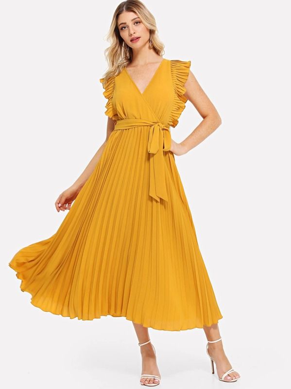 Ruffle Trim Pleated Wrap Dress | SHEIN