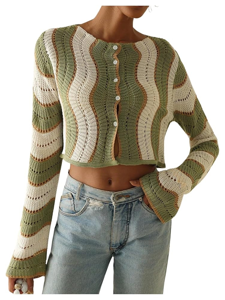 OYOANGLE Women's Color Block Striped Crochet Cardigan Sweater Button Up Long Sleeve Crop Knit Top... | Amazon (US)