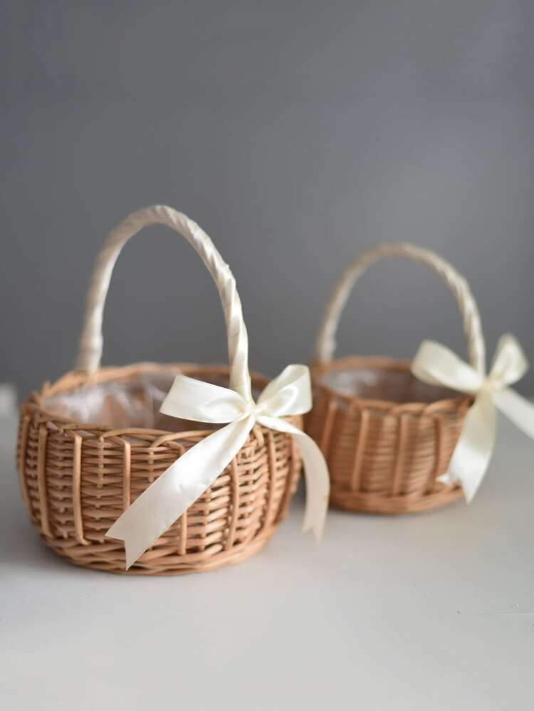 1pc Bamboo Flower Girl Basket, Modern Bow Decor Wedding Flower Basket For Wedding Party | SHEIN