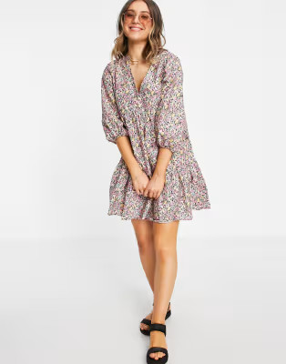 New Look tie neck poplin smock mini dress in black floral | ASOS (Global)