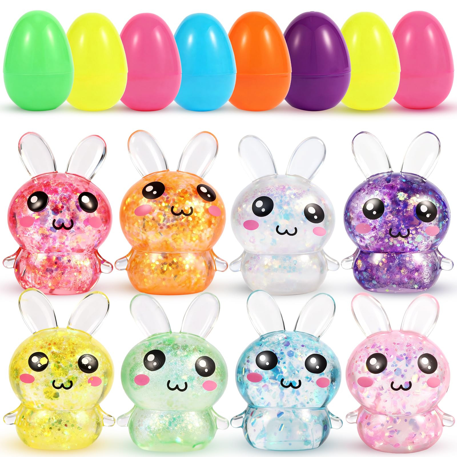 Easter Egg Fillers & Basket Stuffer Essentials – 8PCS Glitter Easter Bunny Squishy Toys with Pl... | Amazon (US)