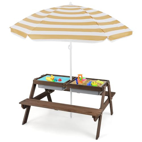 HONEY JOY Kids Picnic Table, 4 in 1 Cedar Wooden Sand & Water Table w/ 3 Removable Box & Umbrella, Kids Picnic Tables for Outdoors Backyard Garden, Toddler Patio Furniture Set for Boys Girls(Walnut) | Amazon (US)