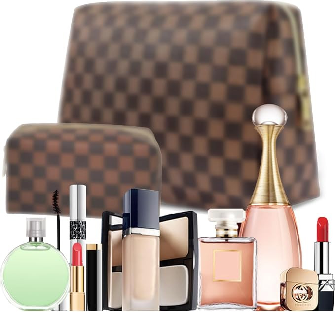 Checkered Makeup Bag Set for Women, 2PCS PU Leather Cosmetic Bag, Large Travel Toiletry Organizer... | Amazon (US)
