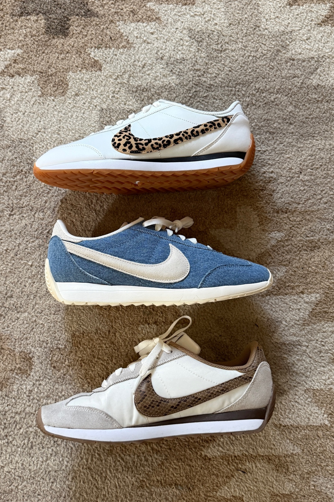 The chic-est Nike tennis shoes I’ve EVER SEEN! 

They fit very true to size, I wear my normal size 10!! Did I mention they are beyond comfy!! 

Denim tennis shoes, leopard tennis shoes, snakeskin tennis shoes, suede tennis shoes 