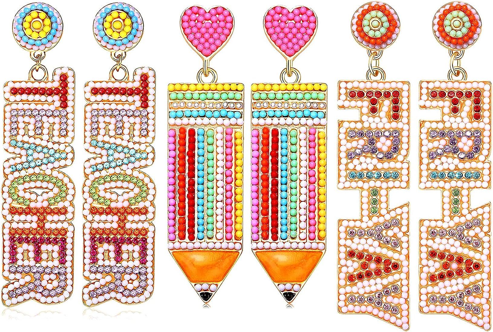 2/3 Pairs Pencil Earrings Teacher Earrings for Women Rhinestone Beaded Dangle Drop Earrings Color... | Amazon (US)
