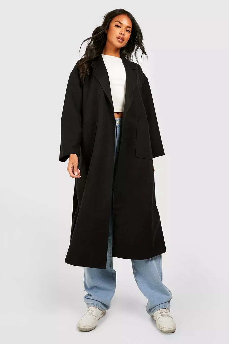 Wool Look Oversized Belted Waterfall Collar Coat | Boohoo.com (US & CA)