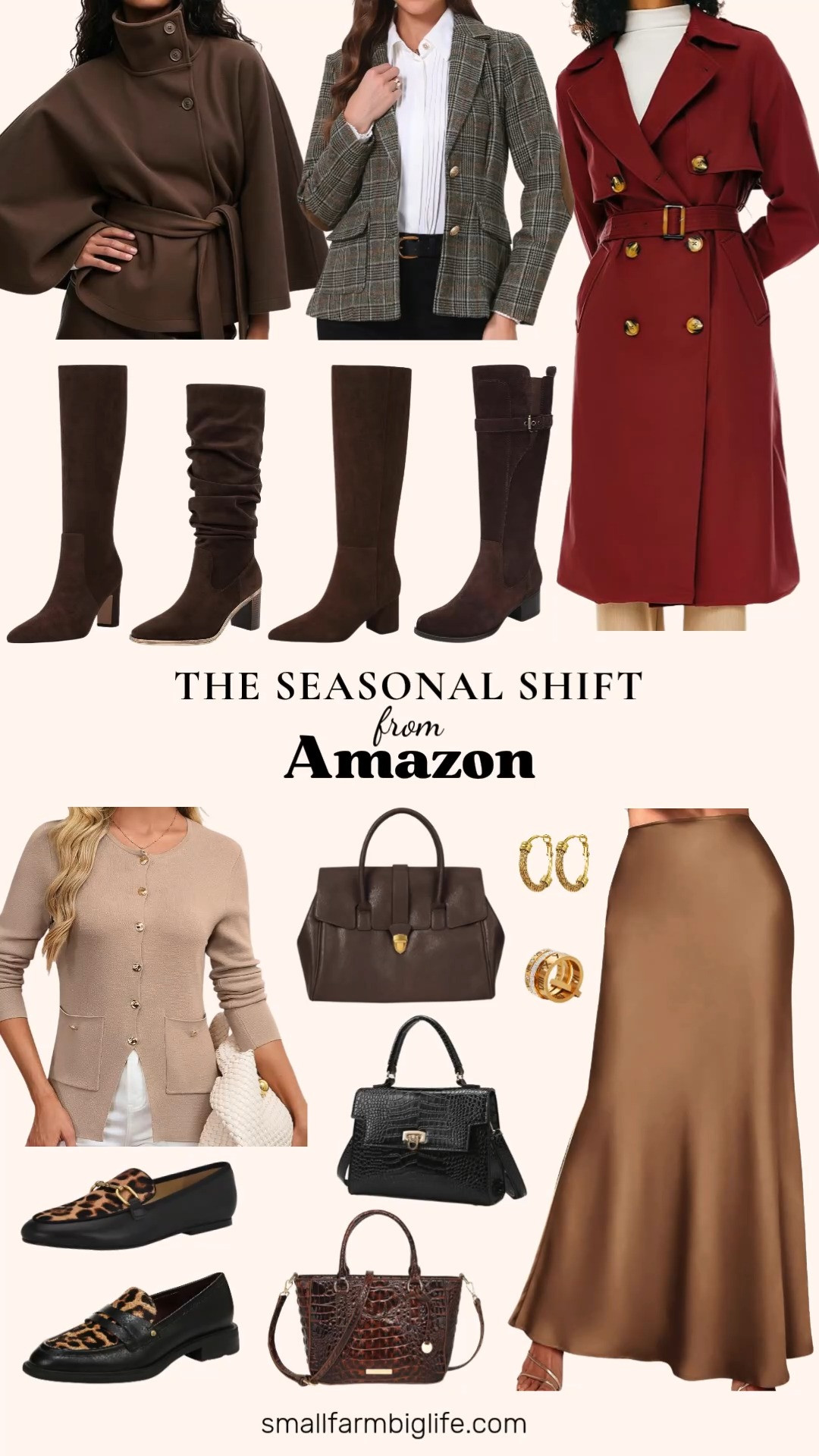 Heritage equestrian meets romantic fall florals this season, and this lineup leans right into it. Chocolate brown suede knee high boots are the anchor piece, with a few options here depending on heel height and toe shape you prefer. A batwing sleeve poncho cape coat brings the season's statement outerwear silhouette, and the tomato red double breasted trench coat is the color of the season done in a classic belted style.

For work or errands, a coffee plaid blazer with faux suede elbow patches and a khaki sweater blazer with gold buttons both give that preppy polish. Loving the black and leopard print loafers and the matching leopard buckle flats for an easy transitional shoe.

On the bag front, a structured crocodile pattern crossbody, a coffee brown leather tote, and an oil wax brown crocodile embossed satchel all bring the brass hardware and heritage feel. A caramel maxi skirt rounds out the color palette beautifully.

Finishing the look with gold hoop earrings and a stacking roman numeral ring for easy everyday jewelry.

#fallfashion #heritagestyle #equestrianstyle #falloutfits #amazonfashion 

 #LTKootd #LTKOver40 #LTKWorkwear