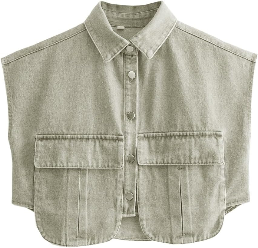 Perbai Womens Cropped Button Down Shirt Summer Collared Sleeveless Loose Denim Top with Pockets | Amazon (US)