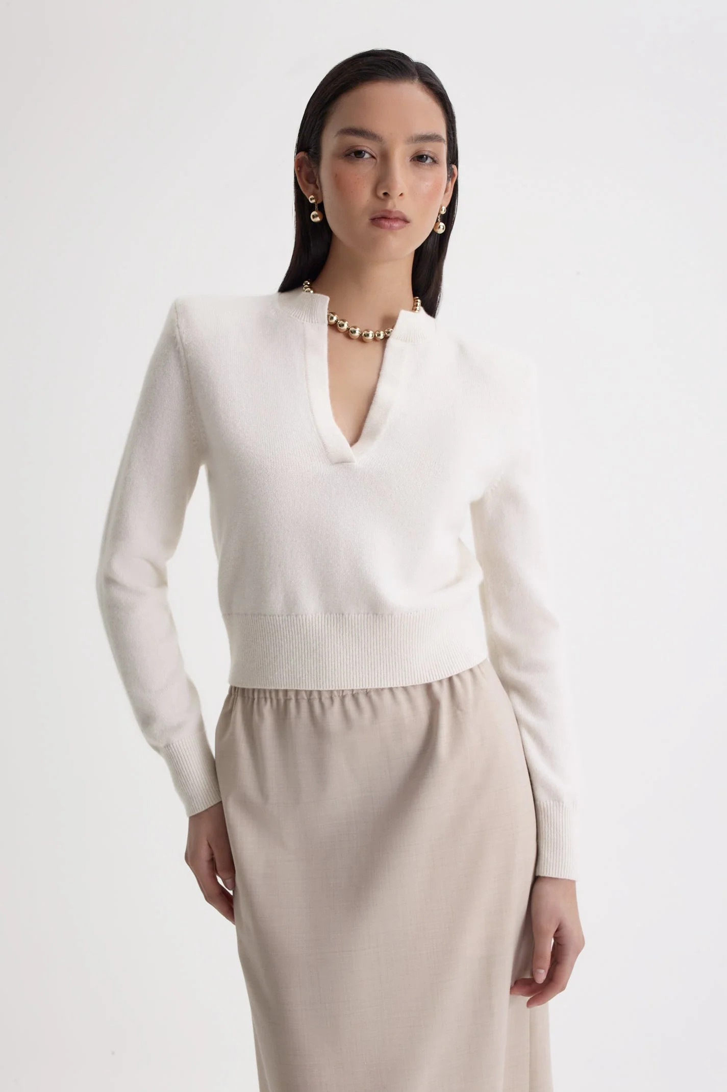 CASHMERE PLACKET SWEATER - CHALK - Scanlan Theodore | Scanlan Theodore
