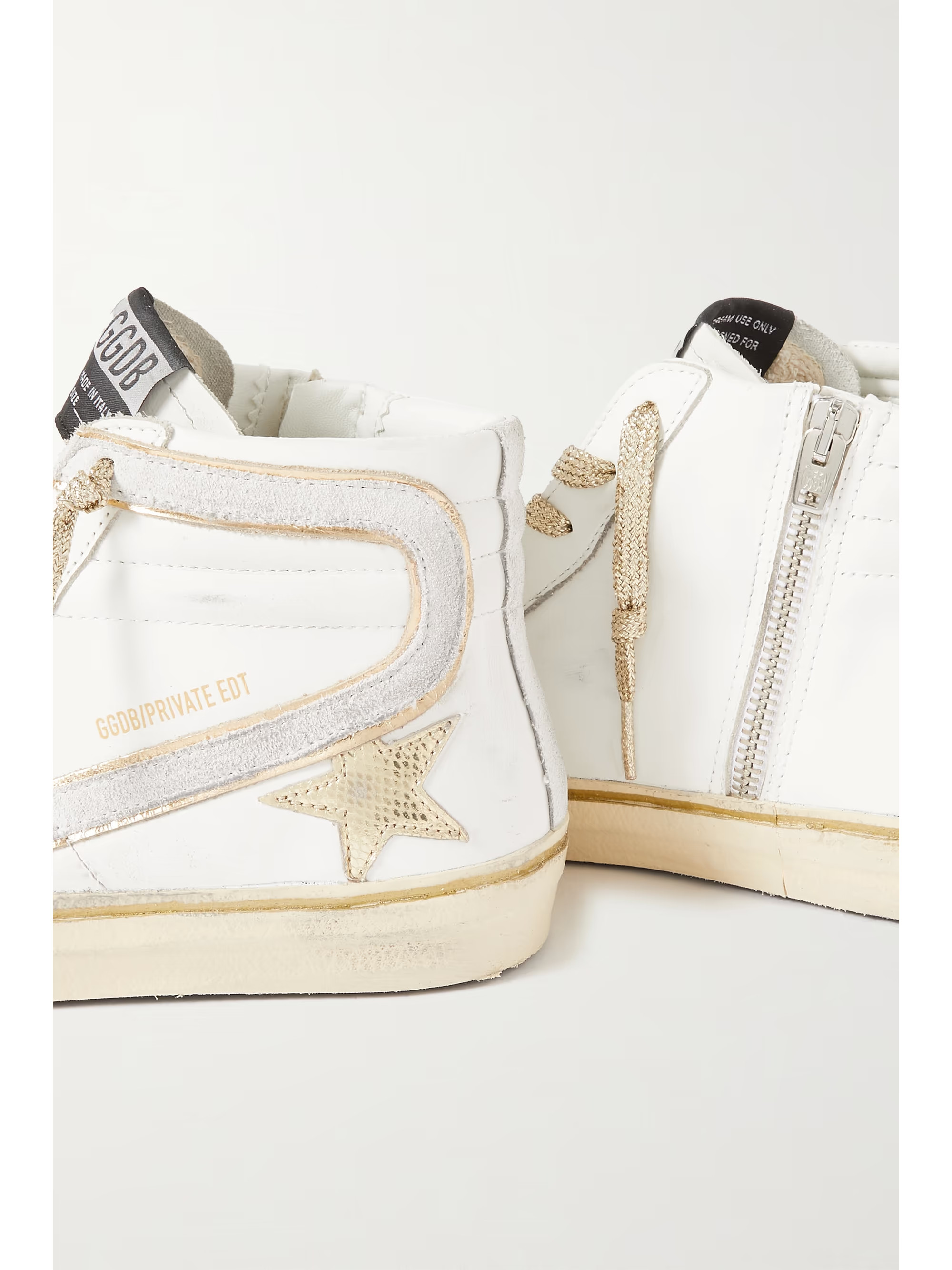 Slide distressed suede and metallic-trimmed leather high-top sneakers | NET-A-PORTER (UK & EU)