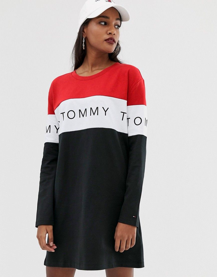 Tommy Jeans color block stripe logo oversized t-shirt dress - Red | ASOS US