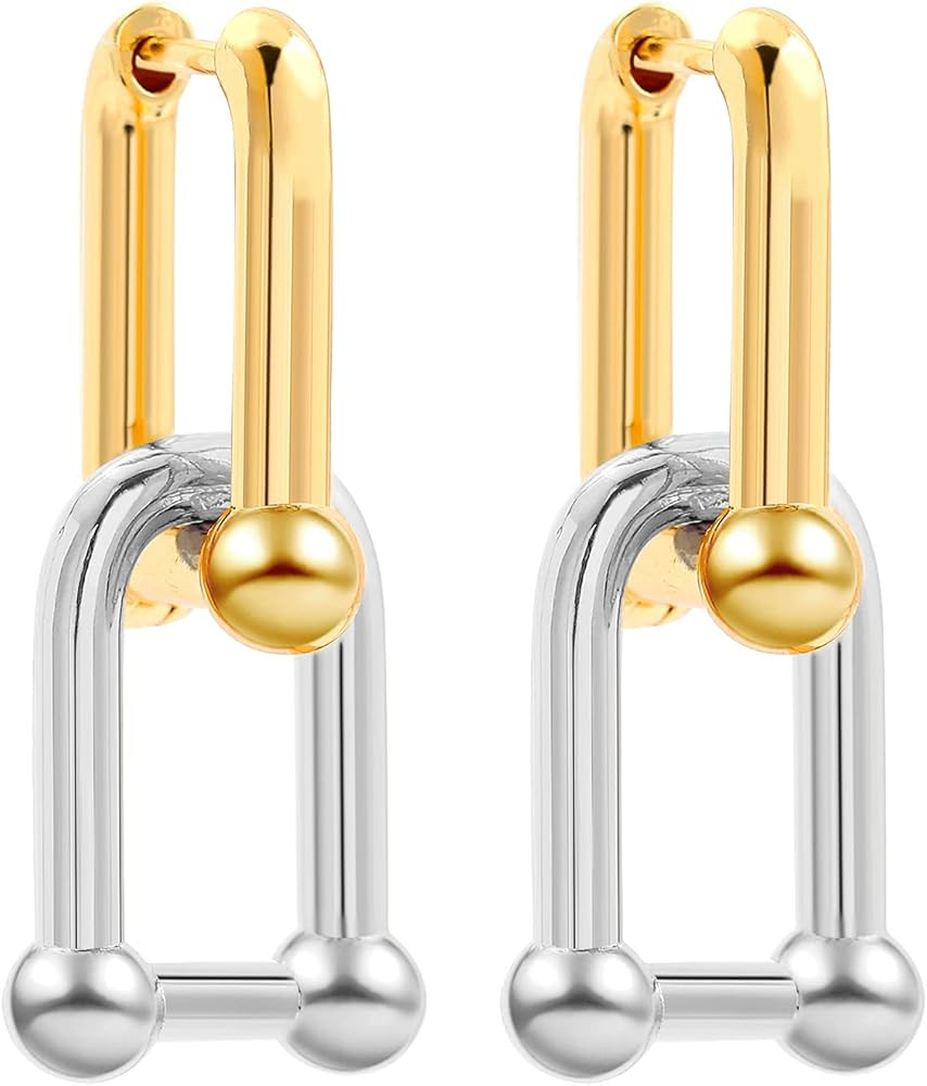 SLOONG 3 Pairs 14k Gold Plated Ball U Shape Pin Y2K Style Chunky Earring Link Chain Chunky Circle... | Amazon (US)