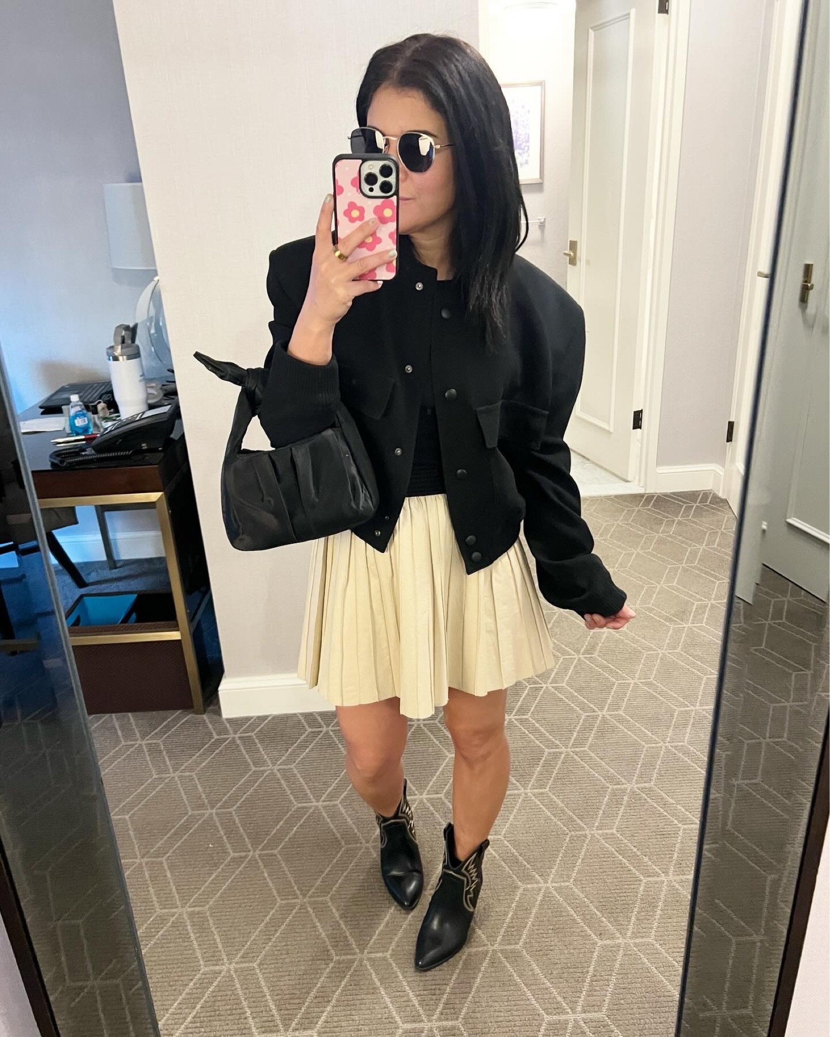 Work outfit - pleated mini skirt, western booties, bomber jacket 

#LTKfindsunder100 #LTKstyletip #LTKfindsunder50