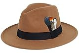 Classic Fedora for Women & Men Wide Brim Felt Panama Hat with Band and Feather Khaki | Amazon (US)