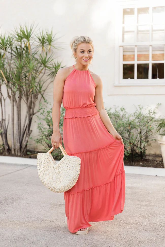 Stay A While Coral Halter Neck Maxi Dress | Pink Lily