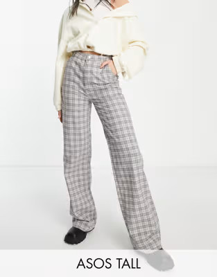 ASOS DESIGN Tall slouchy straight leg pants in gray check | ASOS (Global)
