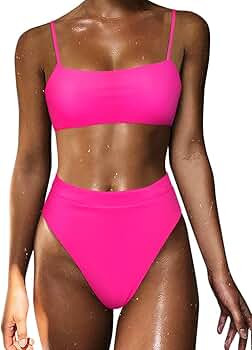MOSHENGQI Women High Wasited Bikini Shoulder Strap 2 Piece High Cut String Swimsuits | Amazon (US)