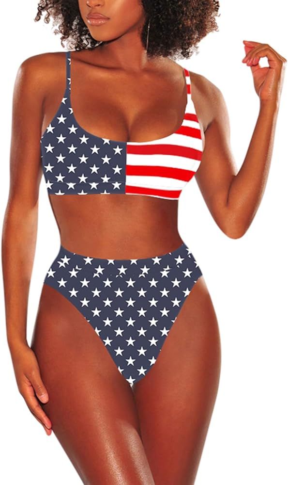 Cutiefox Women's 2 Piece Swimsuit Push Up Straps Scoop Neck High Waist Bikini Sets Swimwear | Amazon (US)