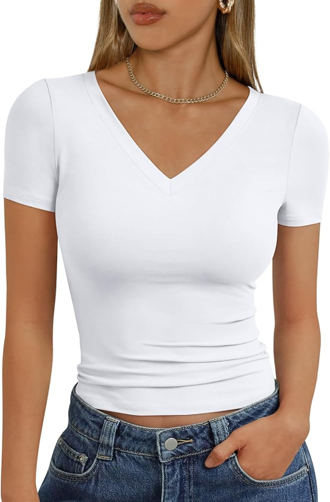Trendy Queen Womens Basic V Neck Short Sleeve T Shirts Slim Fit Crop Y2k Tee 2025 Summer Cute Gym... | Amazon (US)