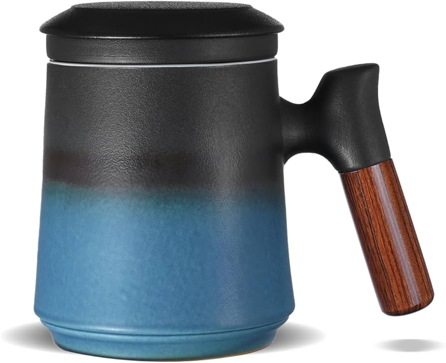 ZENS Gradient Blue Tea Cup with Infuser and Lid, 14.5oz Wood Handle Tea Mug, Loose Leaf Tea Steep... | Amazon (US)