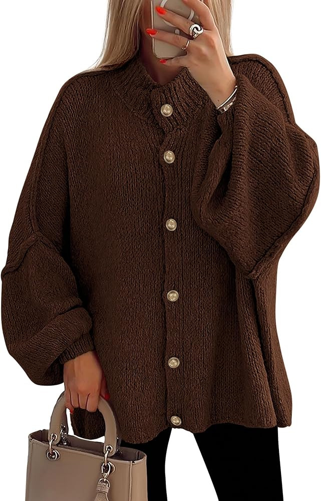 PRETTYGARDEN Women's Winter Button Down Cardigan Sweaters Mock Neck Lantern Long Sleeve Chunky Kn... | Amazon (US)